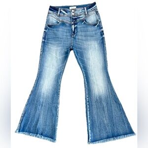 KanCan Skye High Rise Super Flare Stretch Blue Jeans Raw Hem Boutique Denim 30